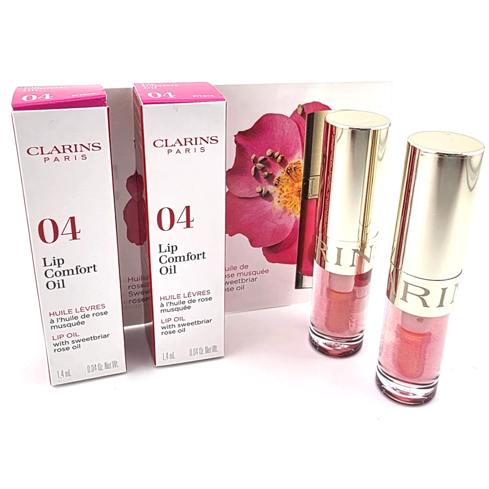 2x Clarins Lip Comfort Oil 04 PITAYA w Sweetbriar Rose Oil Travel 1.4 ml/0.04 oz - Picture 2 of 7